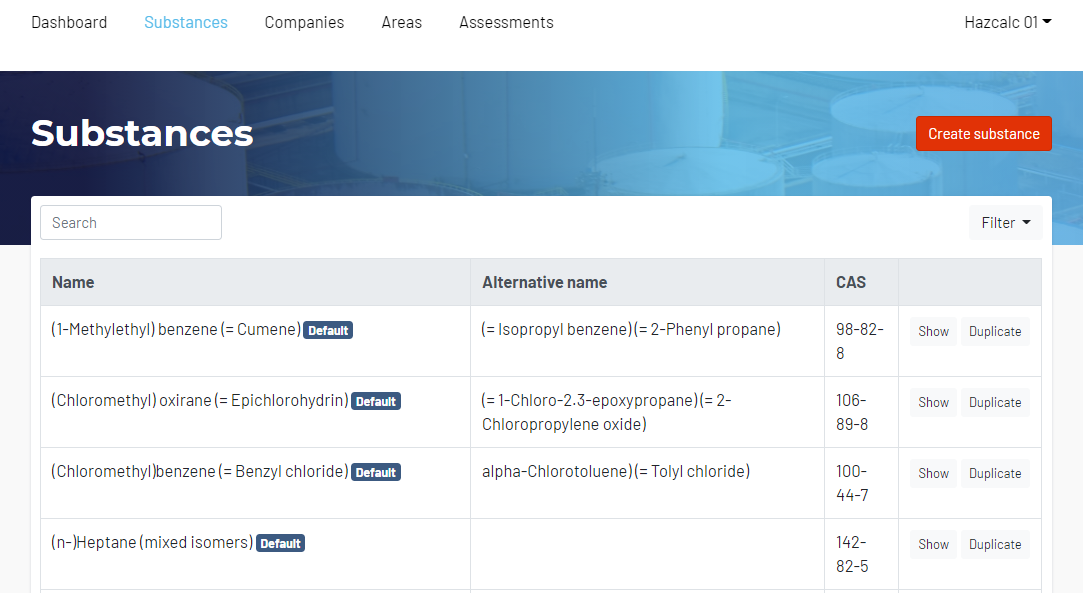 Substance database Hazcalc